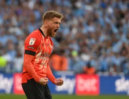 Luke Berry roars his delight after scoring the fifth penalty in the shoot out.