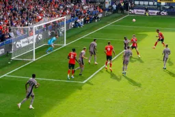Jacob Brown sees his header fly towards goal