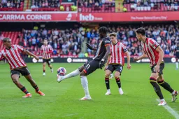 Elijah Adebayo appears to balance the ball on the end of his foot