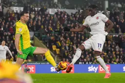 Elijah Adebayo`s goal attempt is blocked