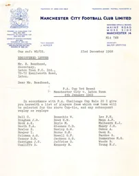 Manchester City A 4.1.1969 Match Paperwork & Correspondence