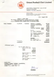 Leyton Orient A 10.8.1974 Match Paperwork