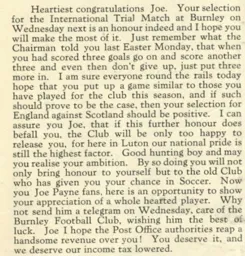 Joe Payne International Trial Match Selection 1937
