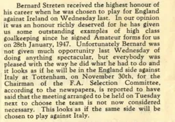 Bernard Streten International Call Up November 1949