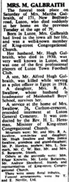 Death of Martha Galbraith Luton News 26th Feb 1953