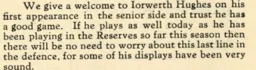 Iowerth Hughes Debut Jan 1950