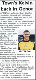 Kelvin Davis playing for the Football League U21s - 96-97 programme feature