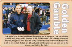 Paul Showler begrudingly giving Mr Doherty his golden gamble winnings - 98:99 programme feature