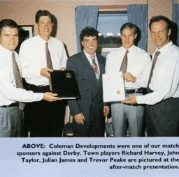 Richard Harvey, John Taylor, Julian James and Trevor Peake with the match sponsor - 95-96 programme feature