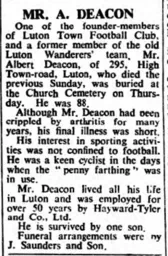 Albert Deacon Death Notice Luton News 26th February 1953