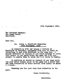 Sheffield Wednesday A 29.9.1959 Hotel Booking