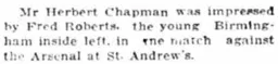Fred draws praise from Herbert Chapman Jan 1934