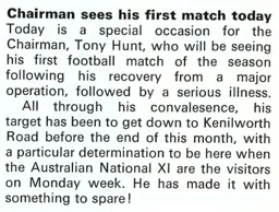 Tony Hunt recovers from major operation November 1970