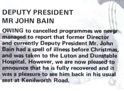 John Bain illness Feb 1979
