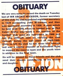 Archie Wickson Obituary 1974