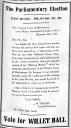 Willet Ball General Election Ad 1923