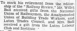 Willet Ball retires from Railway Review Nov 1933
